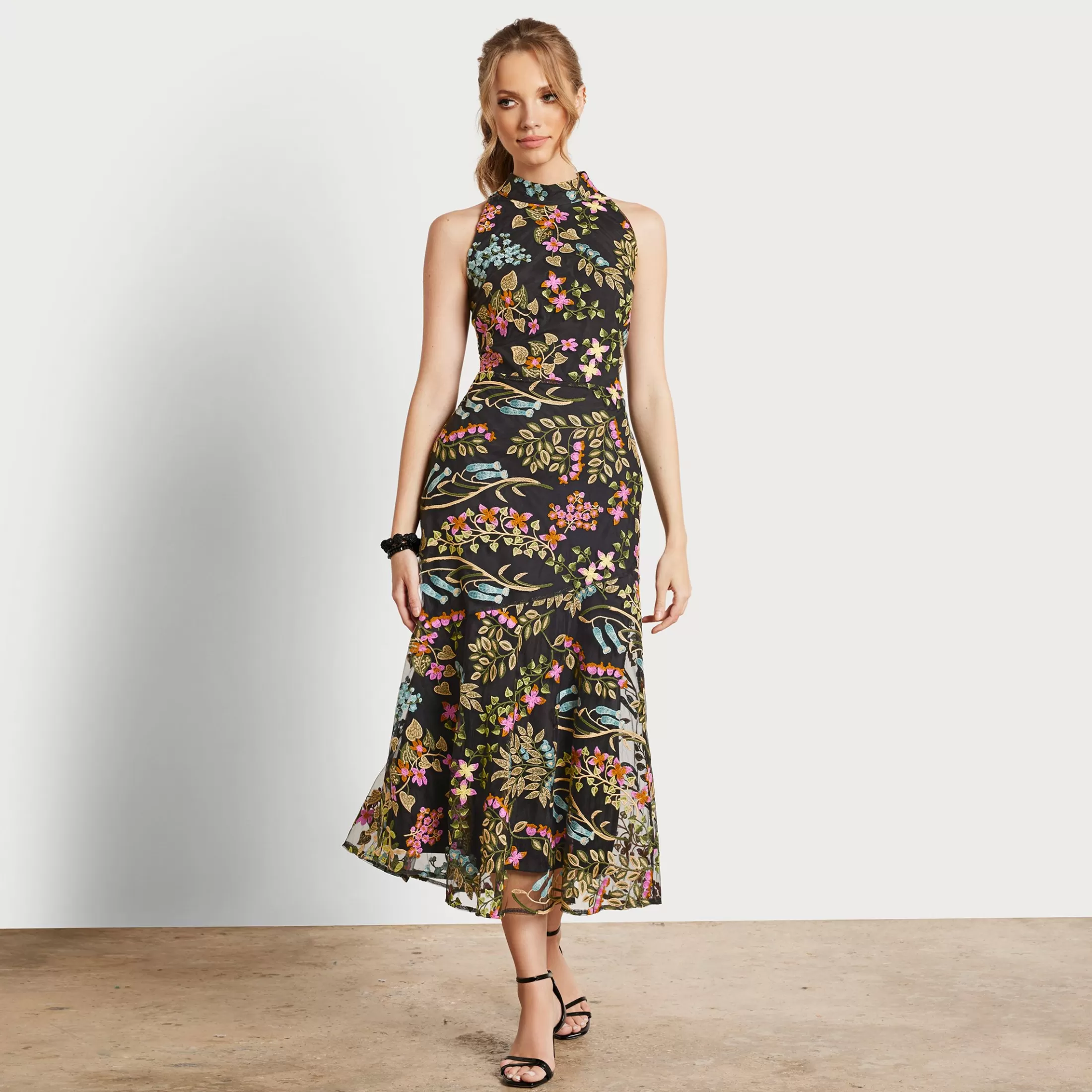 Womens Sam Edelman High Neck Embroidered Maxi Dress