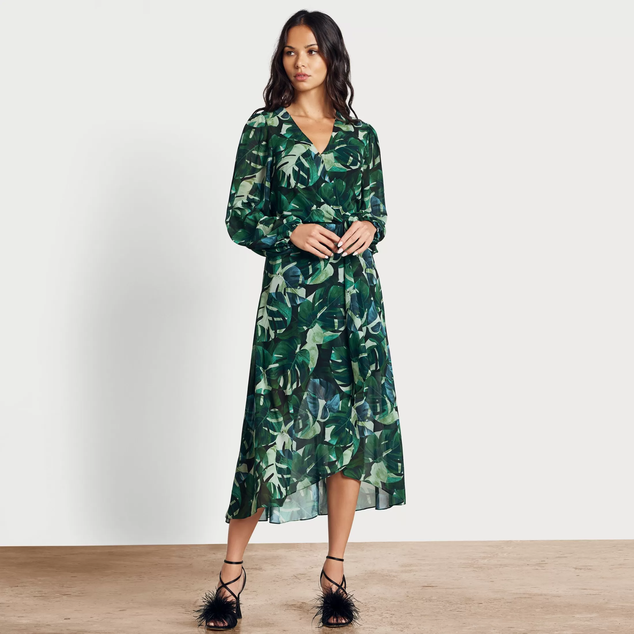 Womens Sam Edelman Long Sleeve Palm Print Midi Dress