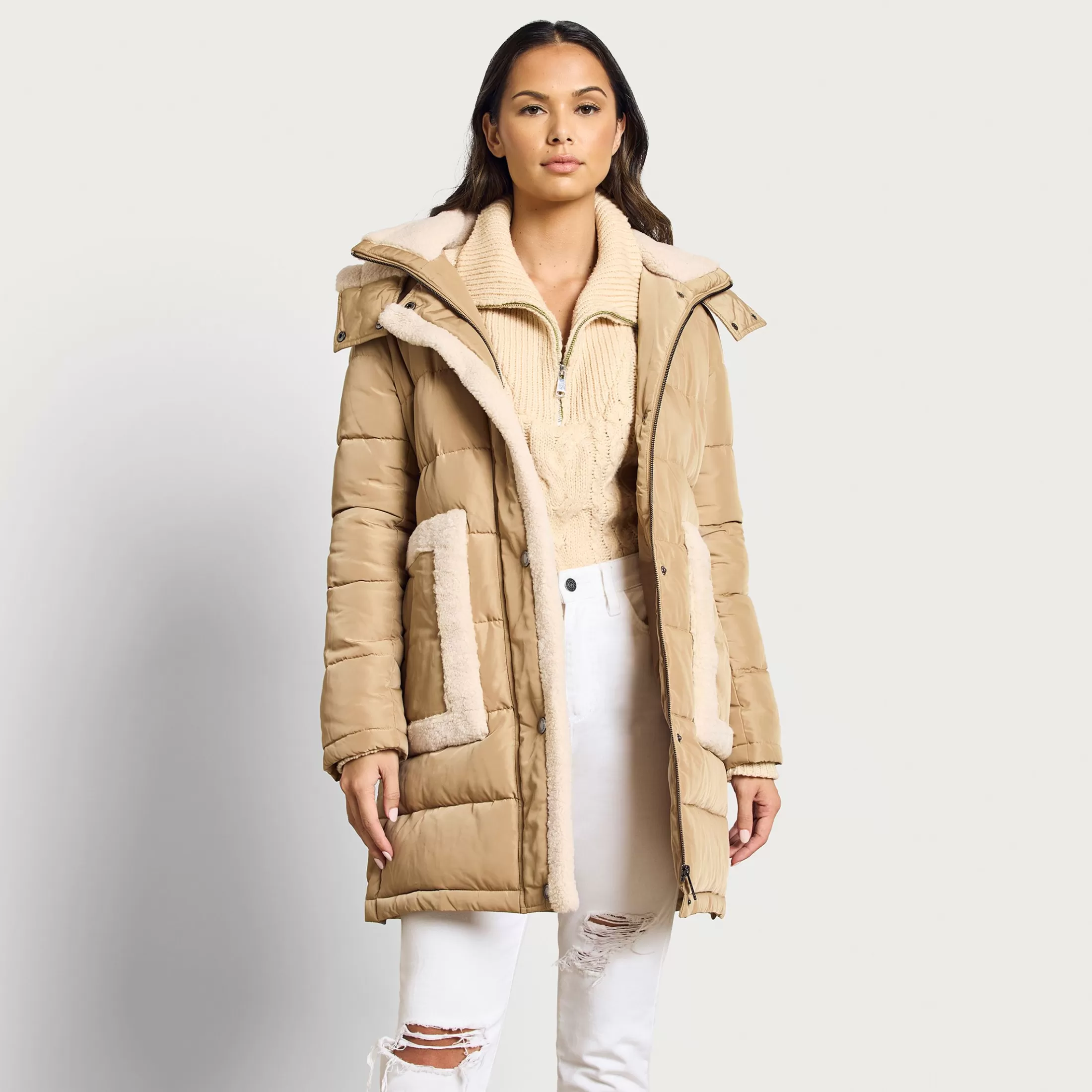 Womens Sam Edelman Three Quarter Puffer Berber Trim
